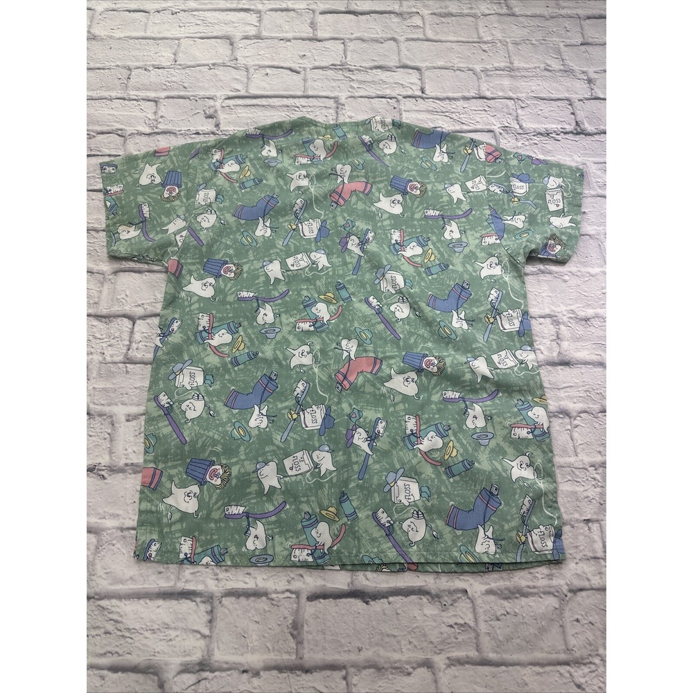 Peaches Uniforms Dental Print Scrub Top Sage Green V-Neck Size S Teeth Floss - Picture 7 of 7